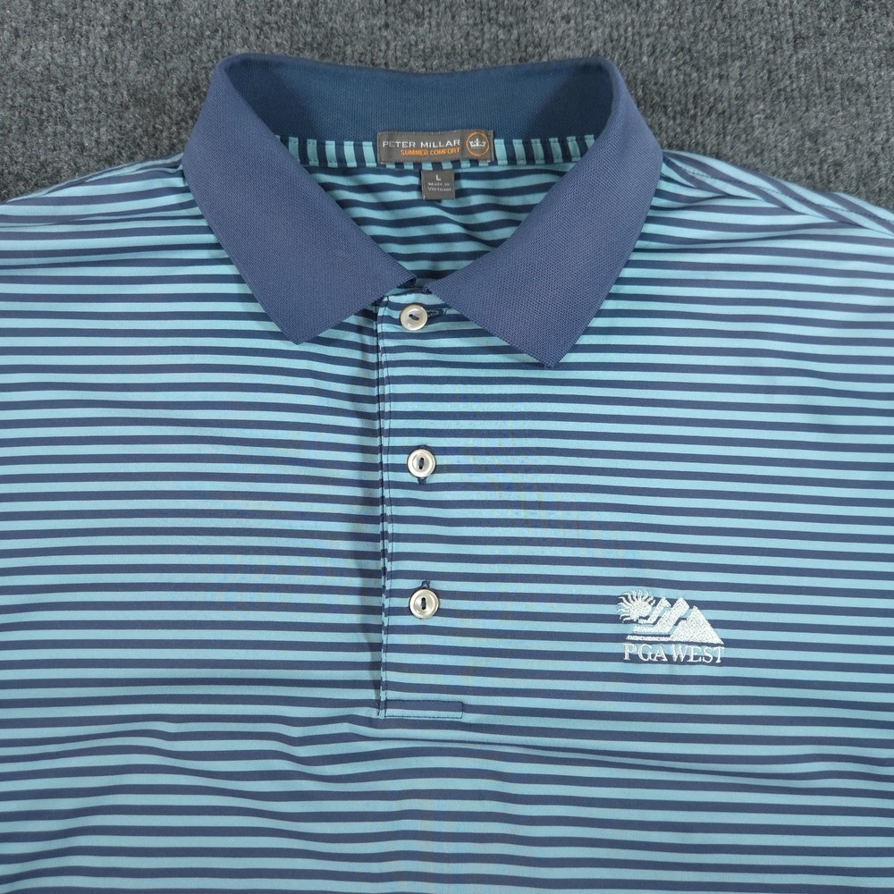Peter Millar Summer Comfort Men's Large Golf Polo Blue Striped PGA West Logo